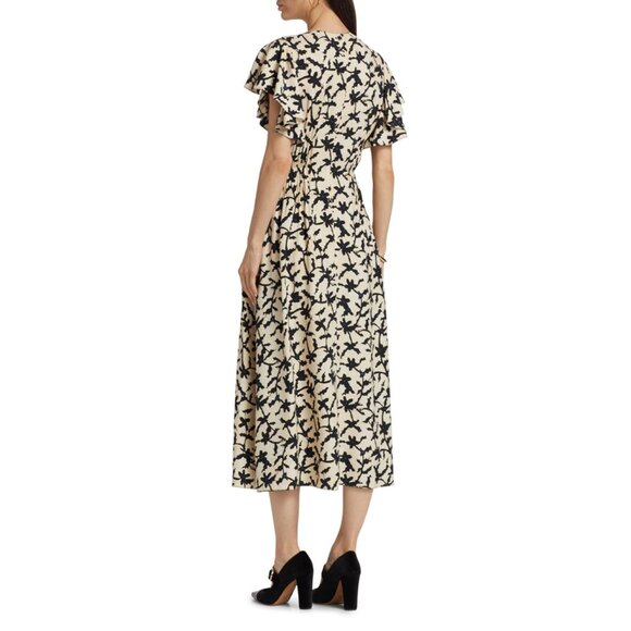 ULLA JOHNSON Anais ruffled printed crepe midi‎ dress in Beige Black 4 - Picture 3 of 16